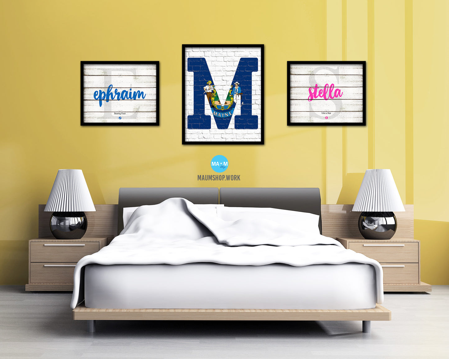 Maine State Initial Flag Wood Framed Paper Print Decor Wall Art Gifts, Brick