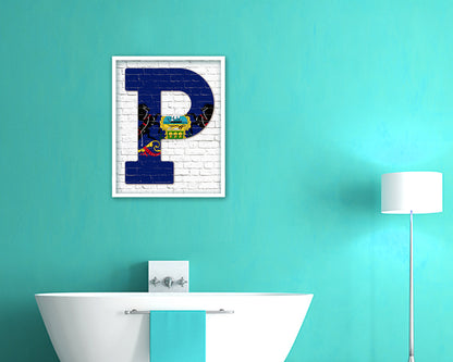 Pennsylvania State Initial Flag Wood Framed Paper Print Decor Wall Art Gifts, Brick