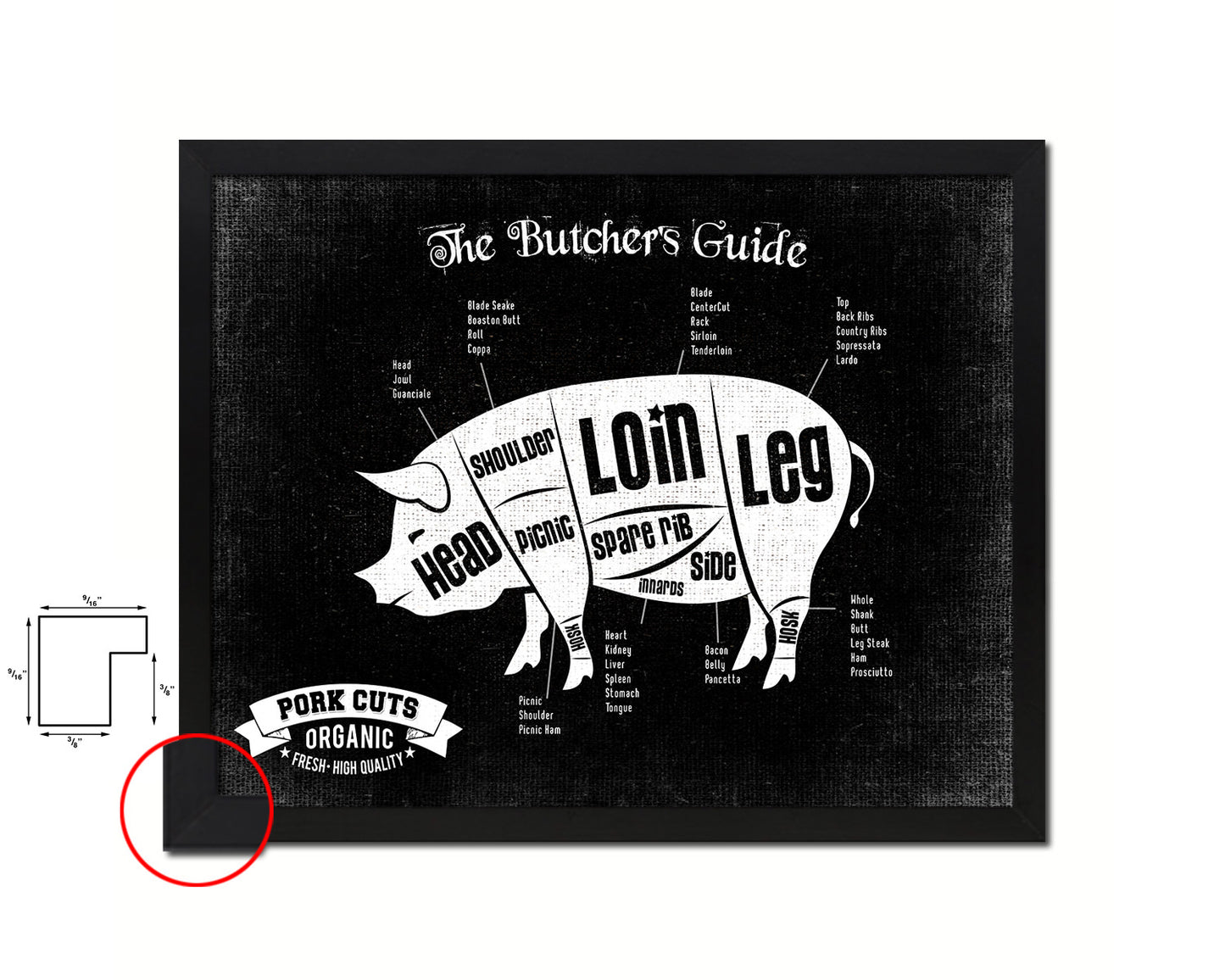 Pork Meat Pig Cuts Butchers Chart Wood Framed Paper Print Home Decor Wall Art Gifts
