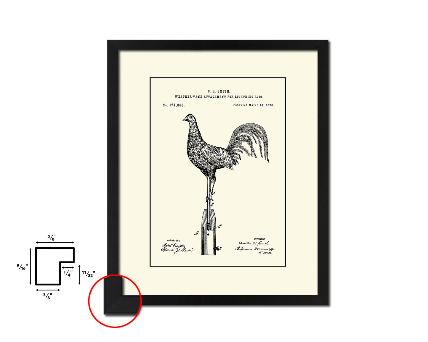 Weather-Vane Lightning Rods Farming Vintage Patent Artwork Black Frame Print Gifts