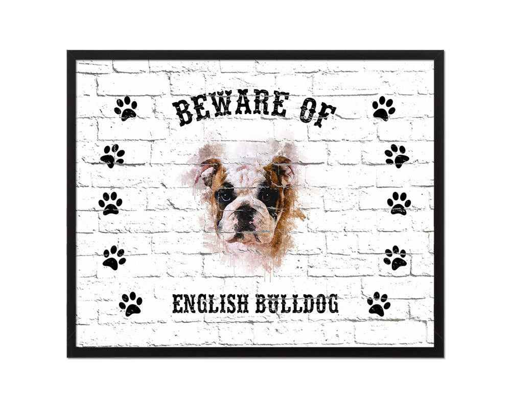 Beware of English Bulldog Sign Wood Framed Print Wall Art Decor Gifts