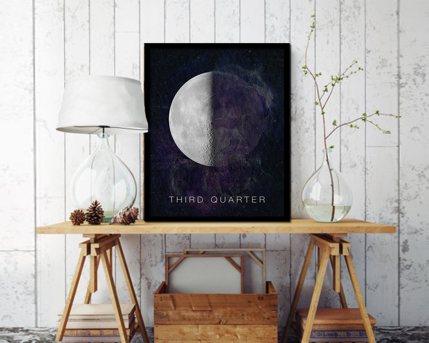 Waning Third Quarter Lunar Phases Moon Watercolor Nursery Framed Prints Home Decor Wall Art Gifts