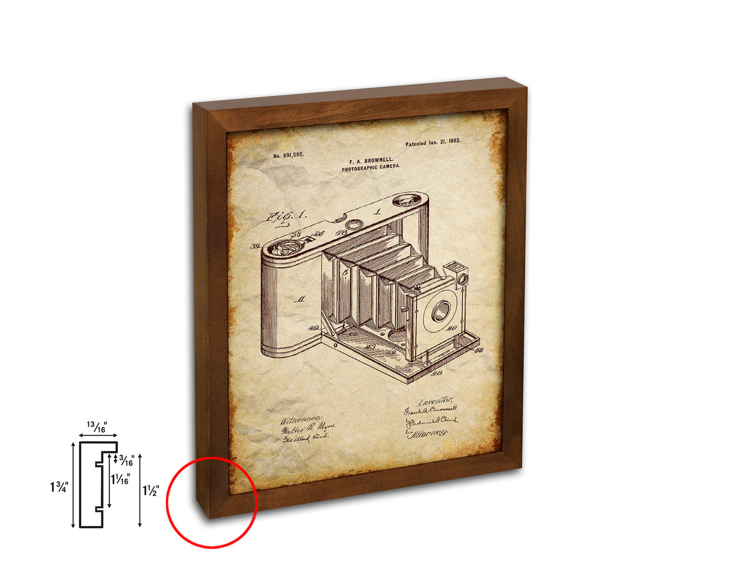 Brownell Photographic Camera Vintage Patent Artwork Walnut Frame Print Wall Art Decor Gifts