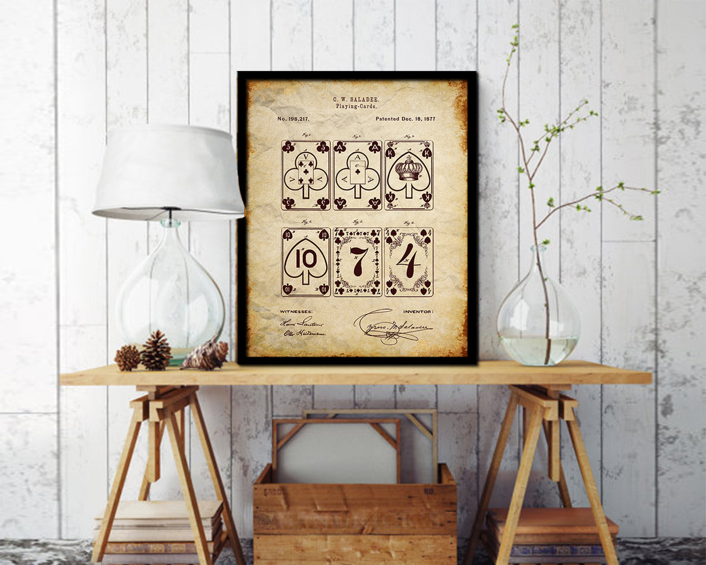 Poker Game Playing Card Vintage Patent Artwork Walnut Frame Gifts