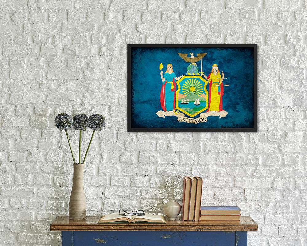 New York State Vintage Flag Wood Framed Paper Print Wall Art Decor Gifts