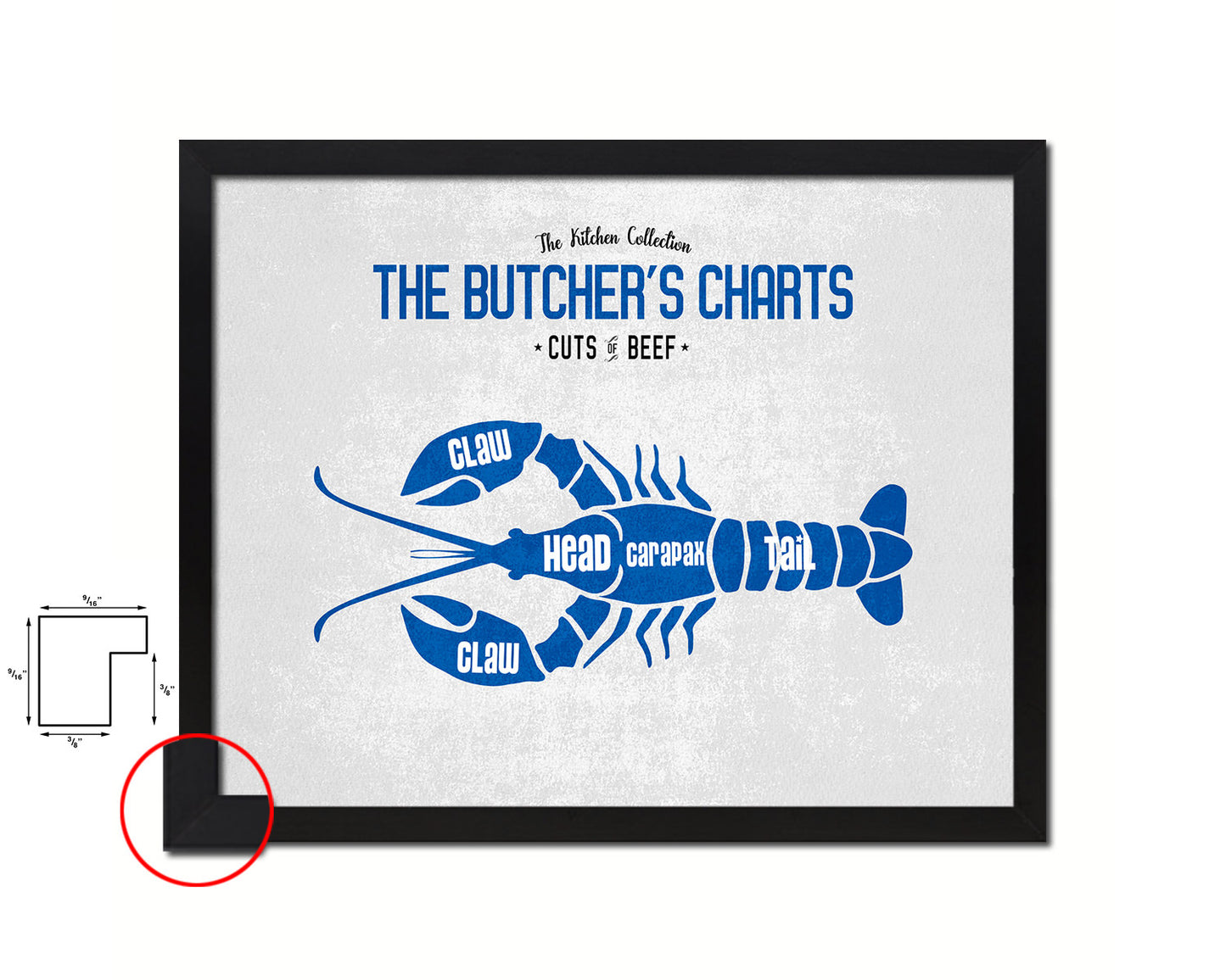 Lobster  Meat Cuts Butchers Chart Wood Framed Paper Print Home Decor Wall Art Gifts