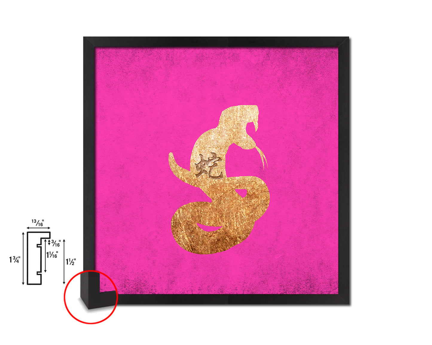 Snake Chinese Zodiac Character Wood Framed Print Wall Art Decor Gifts, Pink