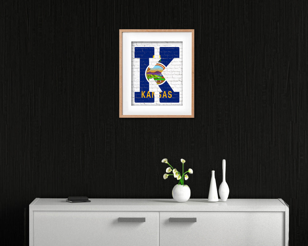 Kansas State Initial Flag Wood Framed Paper Print Decor Wall Art Gifts, Brick