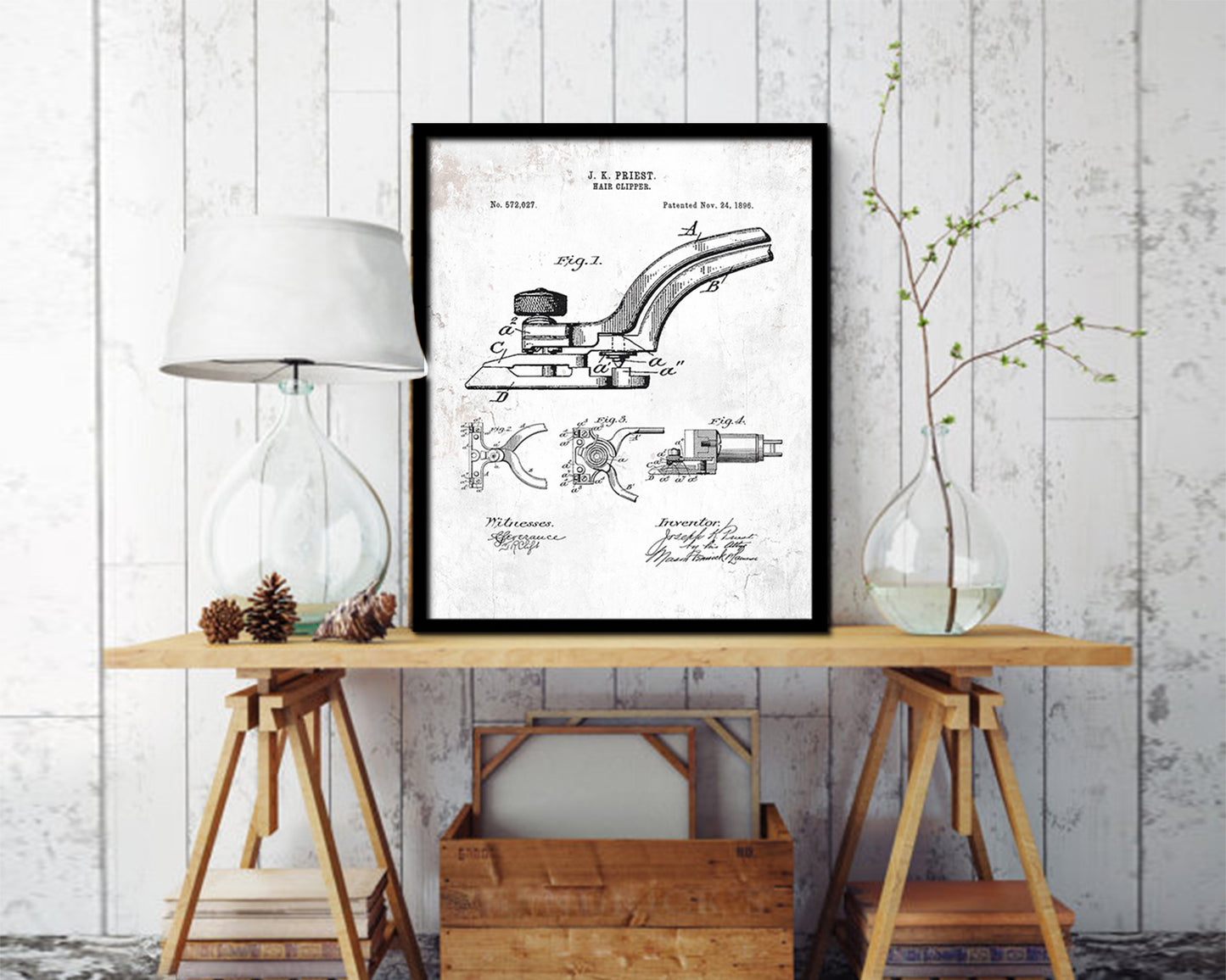 Hair Clipper Barbershop Vintage Patent Artwork Black Frame Print Wall Art Decor Gifts
