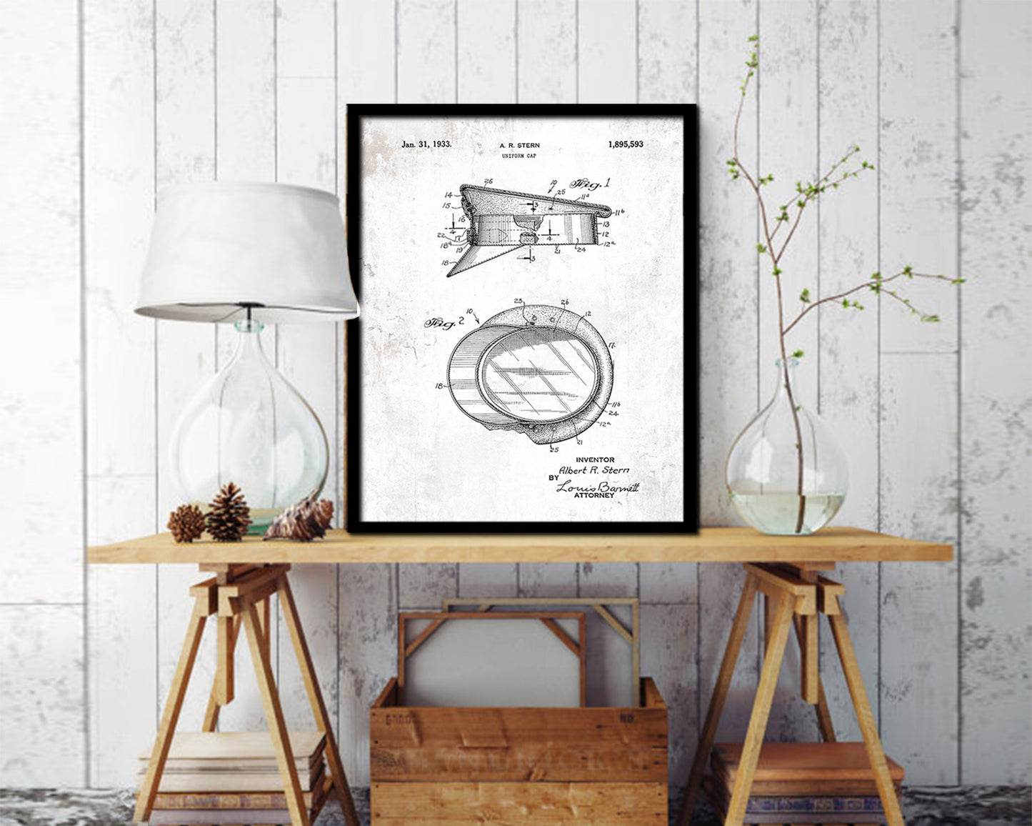 Uniform Cap Police Vintage Patent Artwork Black Frame Print Wall Art Decor Gifts