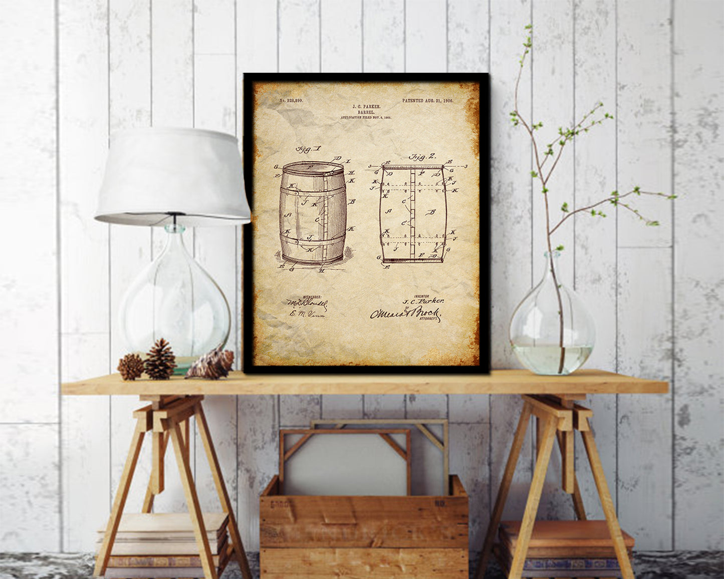 Barrel Wine Vintage Patent Artwork Walnut Frame Gifts