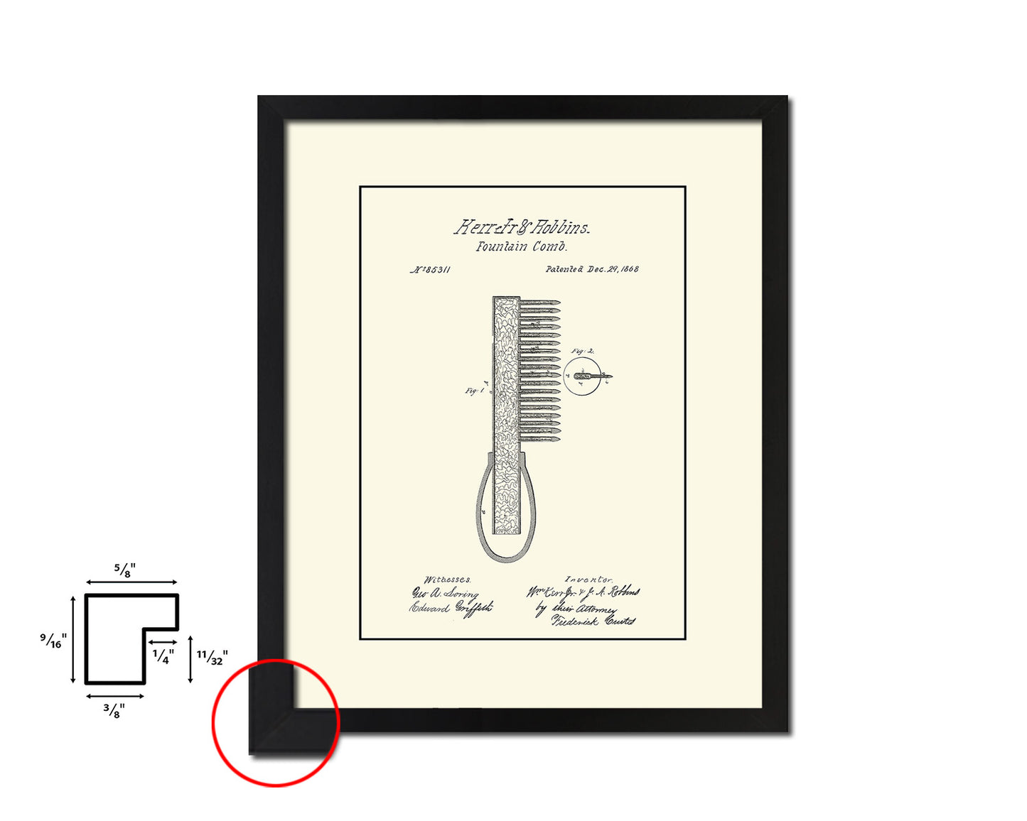 Fountain Comb Barbershop Vintage Patent Artwork Black Frame Print Wall Art Decor Gifts