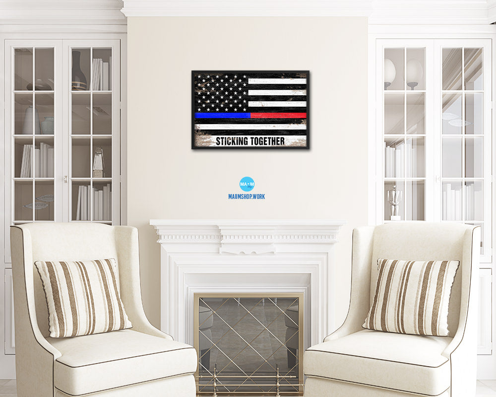 Thin Blue Line Police & Thin Red Line Firefighter Respect, Sticking Together Shabby Chic Military FlagArt