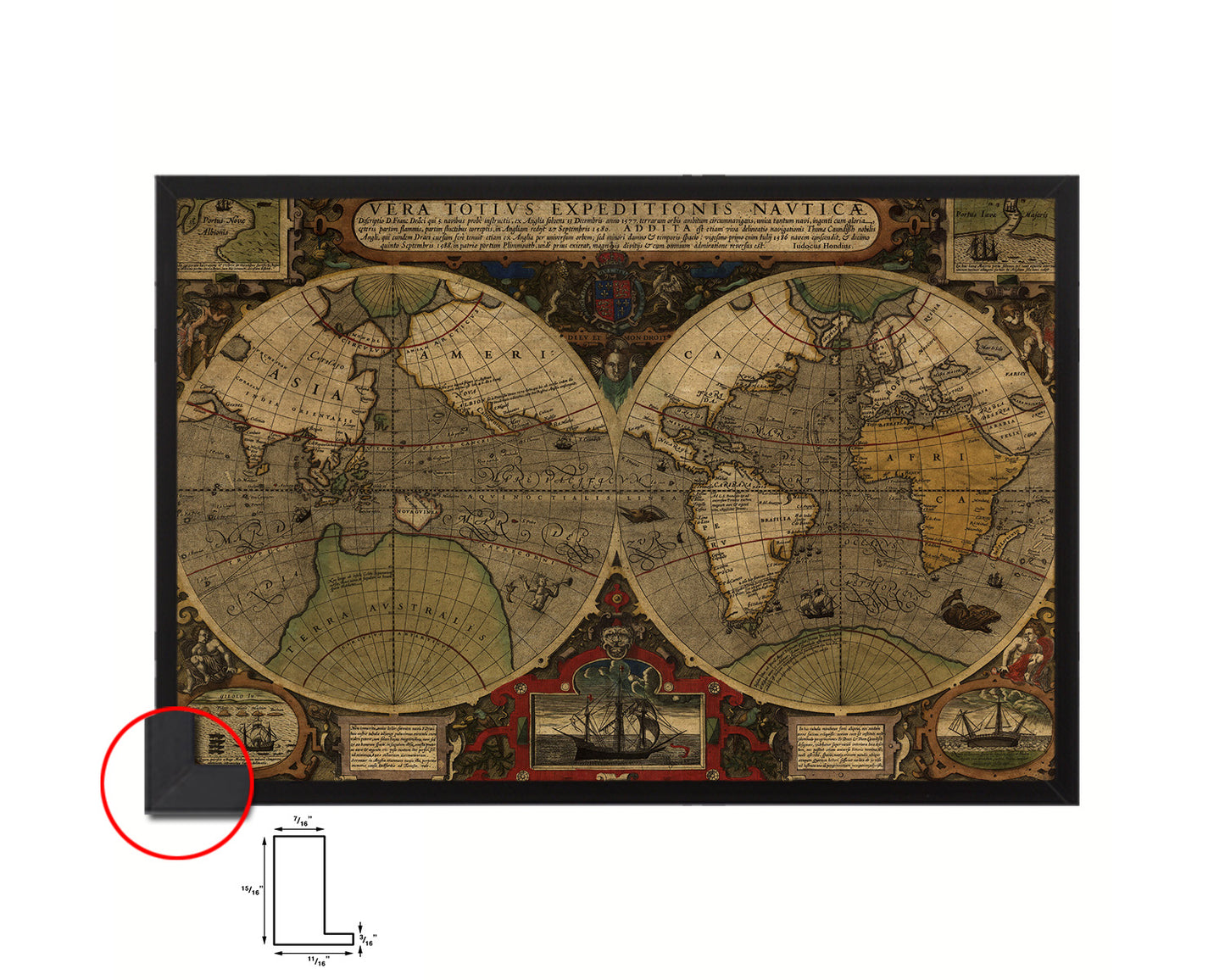 Vera Totius Expeditionis Nautica Double Hemisphere World Historical Map Framed Print Art Gifts