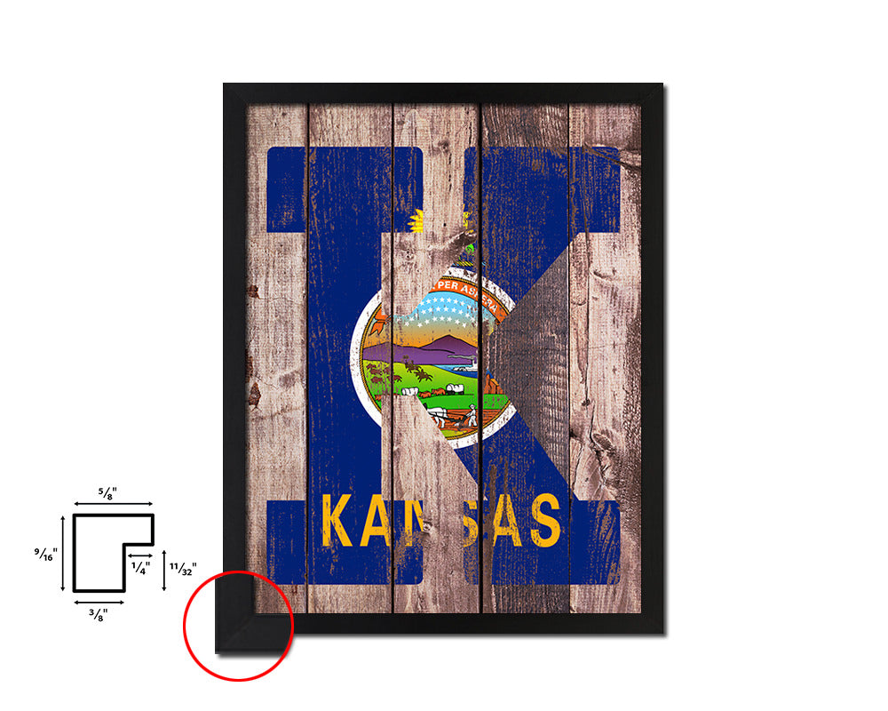 Kansas State Initial Flag Wood Framed Paper Print Decor Wall Art Gifts, Wood