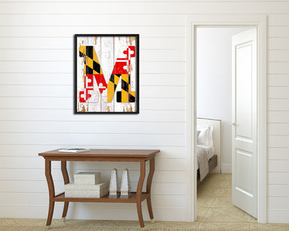 Maryland State Initial Flag Wood Framed Paper Print Decor Wall Art Gifts, Beach