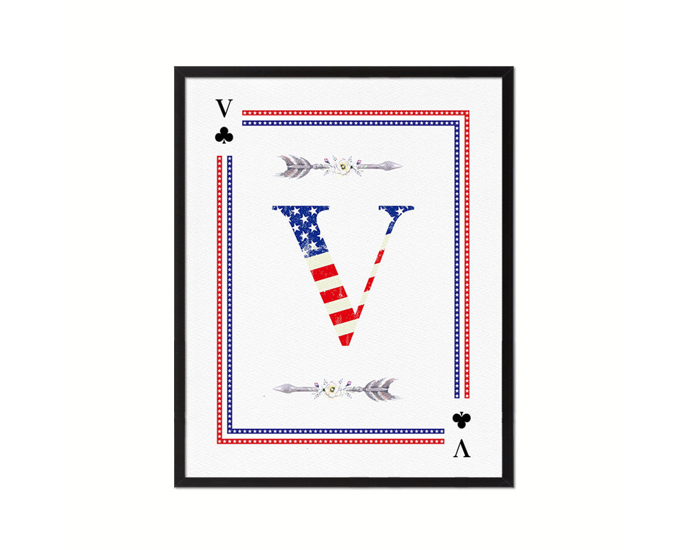 Letter V Custom Monogram Card Decks Clover American Flag Framed Print Wall Art Decor Gifts