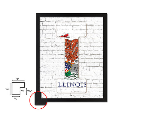 Illinois State Initial Flag Wood Framed Paper Print Decor Wall Art Gifts, Brick