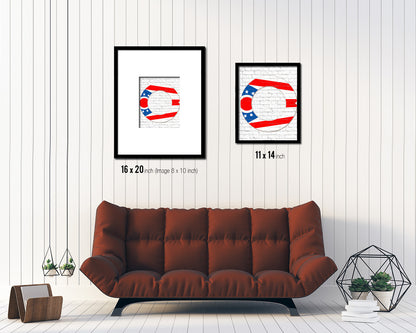 Ohio State Initial Flag Wood Framed Paper Print Decor Wall Art Gifts, Brick