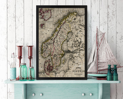 Sweden Norway Scandinavia Historical Map Wood Framed Print Art Wall Decor Gifts