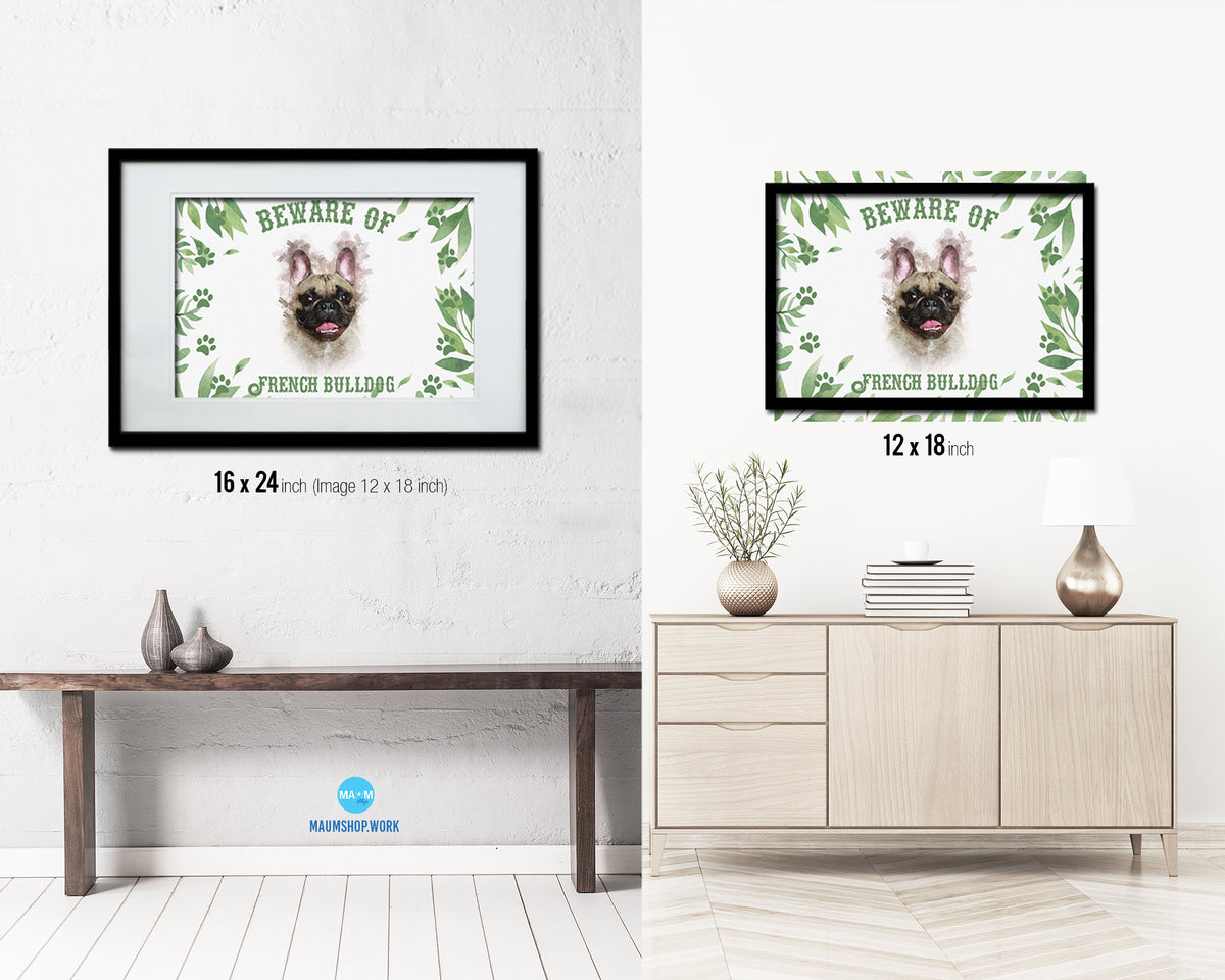 Beware of French Bulldog Sign Wood Framed Print Wall Art Decor Gifts