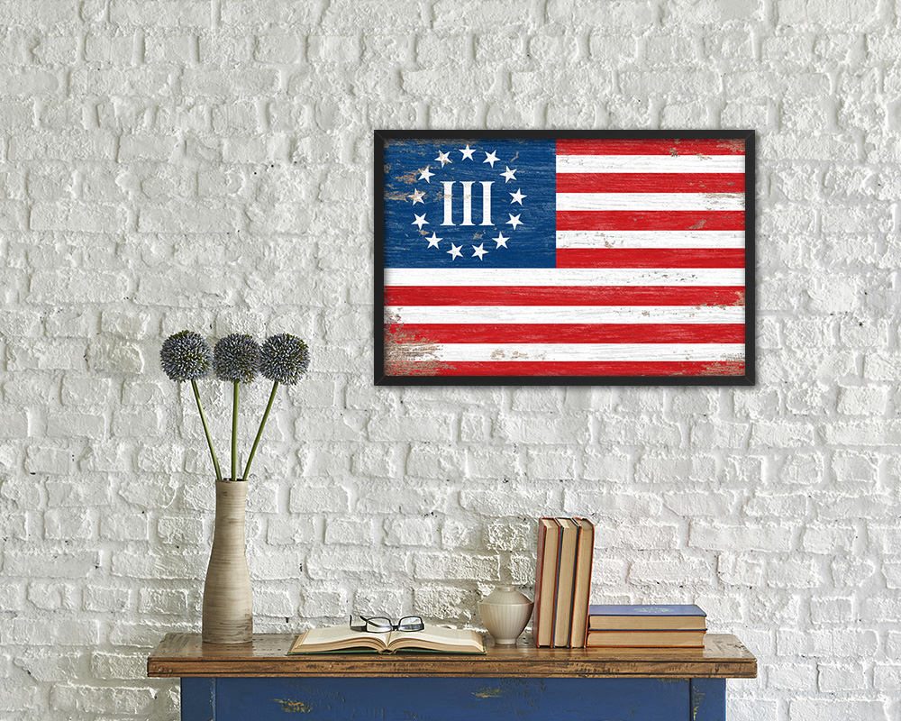 3 Percent Betsy Ross Nyberg Battle III, Revolutionary War Shabby Chic Military Flag Framed Print Art