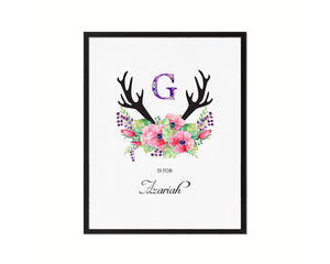 Initial Letter G Watercolor Floral Boho Monogram Art Framed Print Baby Girl Room Wall Decor Gifts