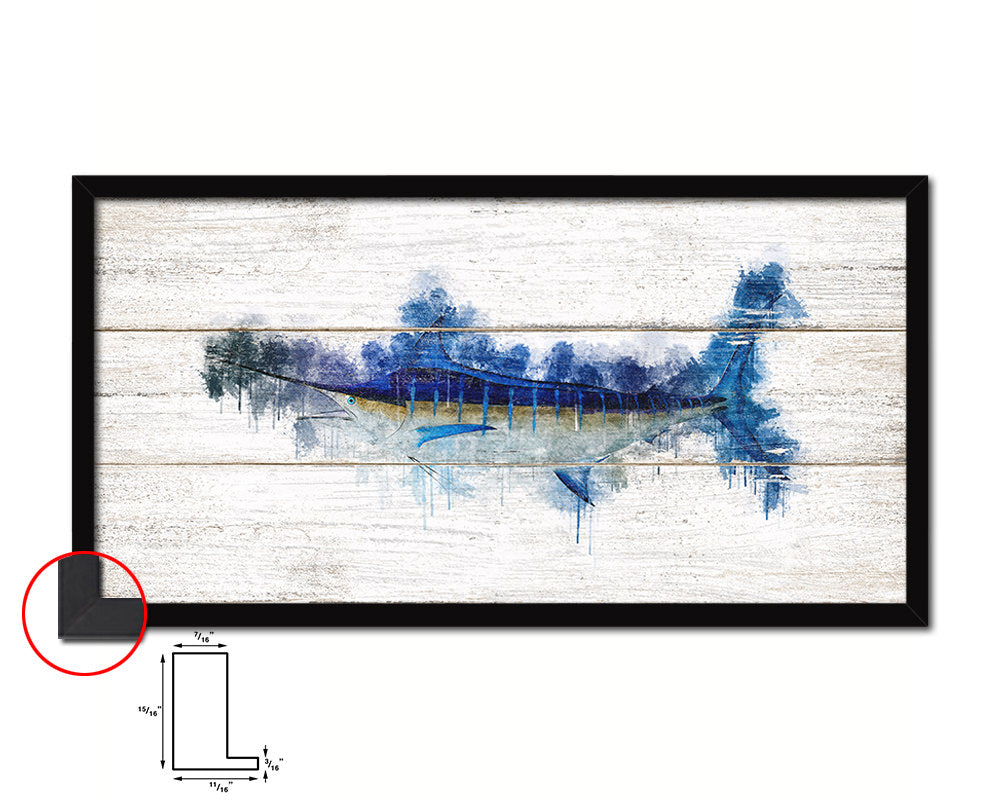 Blue Marlin Fish Art Wood Framed White Wash Restaurant Sushi Wall Decor Gifts, 10" x 20"