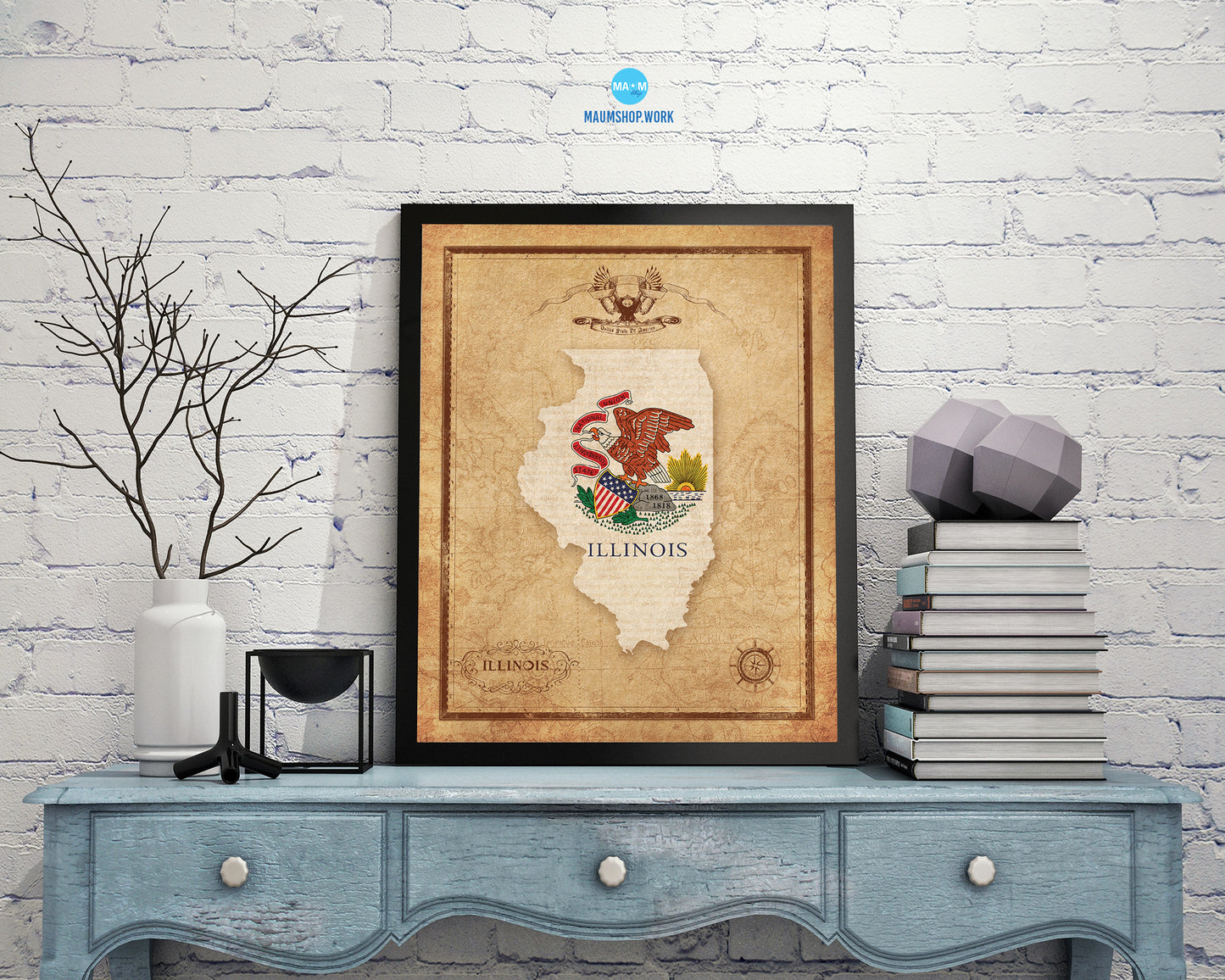 Illinois State Vintage Map Wood Framed Paper Print  Wall Art Decor Gifts