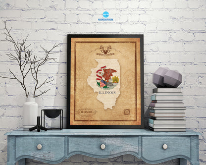 Illinois State Vintage Map Wood Framed Paper Print  Wall Art Decor Gifts