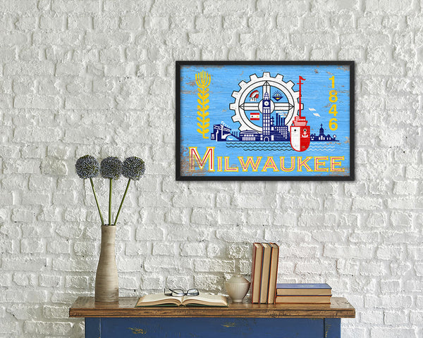 Milwaukee City Wisconsin State Shabby Chic Flag Framed Prints Decor Wall Art Gifts