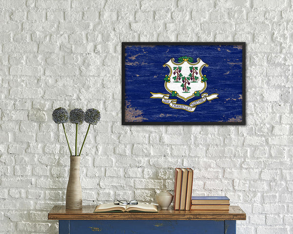 Connecticut State Shabby Chic Flag Wood Framed Paper Print  Wall Art Decor Gifts