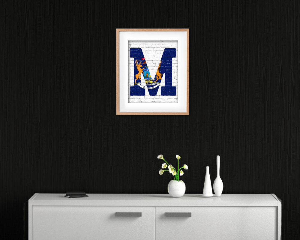 Michigan State Initial Flag Wood Framed Paper Print Decor Wall Art Gifts, Brick