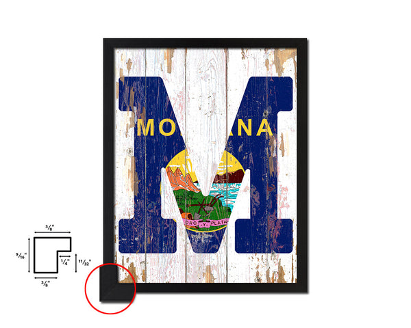 Montana State Initial Flag Wood Framed Paper Print Decor Wall Art Gifts, Beach
