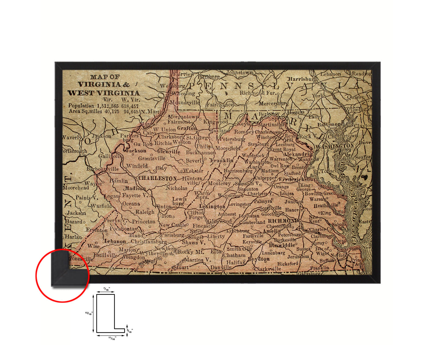 Virginia and West Virginia Circa Historical Map Framed Print Art Wall Decor Gifts