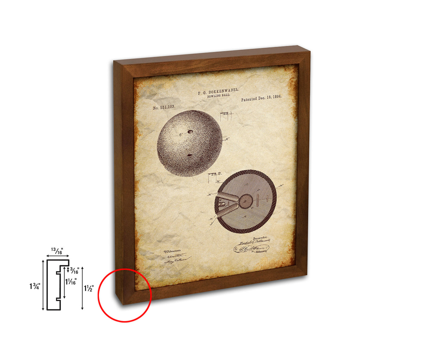 Bowling Ball Sports Vintage Patent Artwork Walnut Frame Gifts