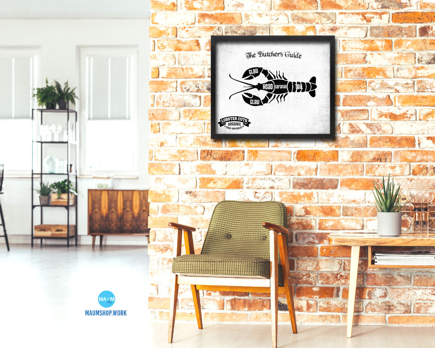 Lobster  Meat Cuts Butchers Chart Wood Framed Paper Print Home Decor Wall Art Gifts