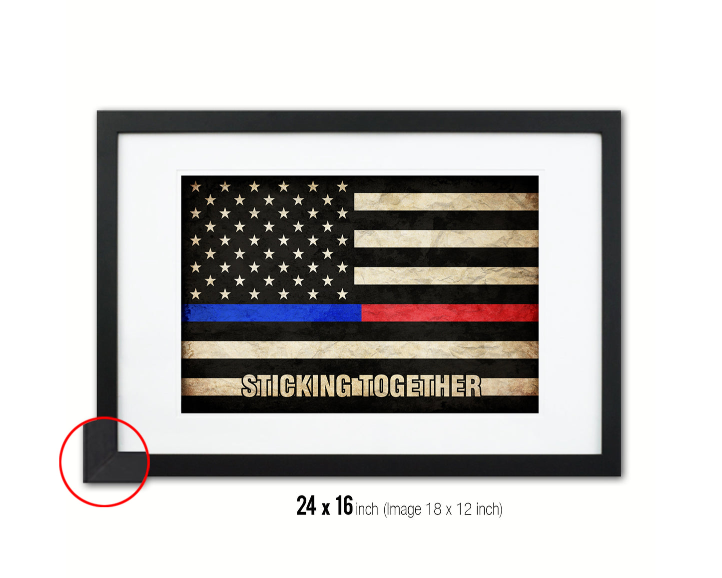 Thin Blue Line Police & Thin Red Line Firefighter Respect, Sticking Together Vintage Military Flag Art