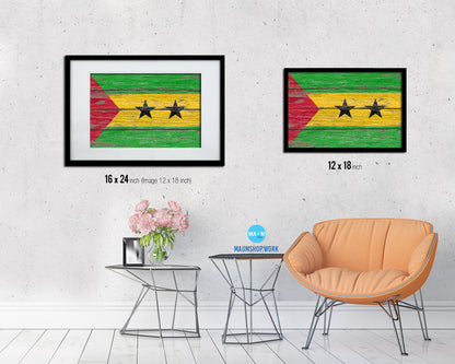 Sao Tome & Principe Country Wood Rustic National Flag Wood Framed Print Wall Art Decor Gifts