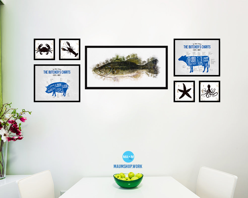 Largemouth Bass Fish Art Wood Frame Modern Restaurant Sushi Wall Decor Gifts, 10" x 20"
