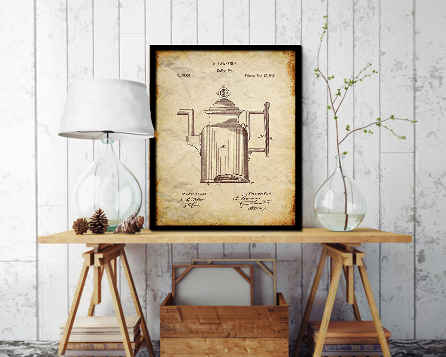 Pot Coffee Vintage Patent Artwork Walnut Frame Print Wall Art Decor Gifts