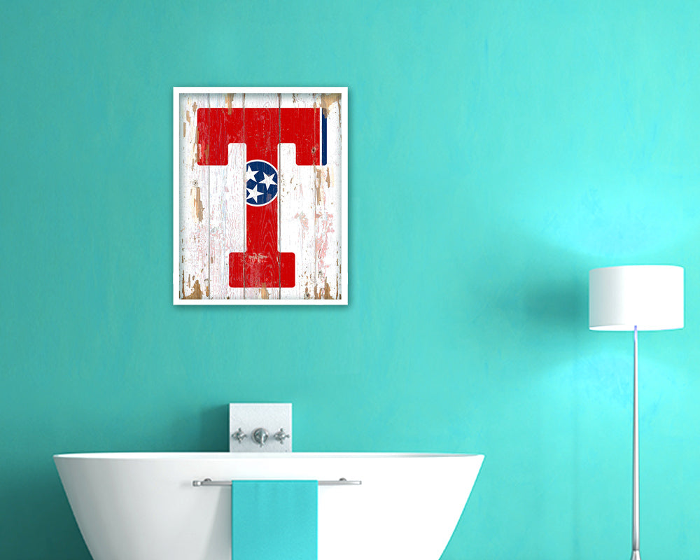 Tennessee State Initial Flag Wood Framed Paper Print Decor Wall Art Gifts, Beach