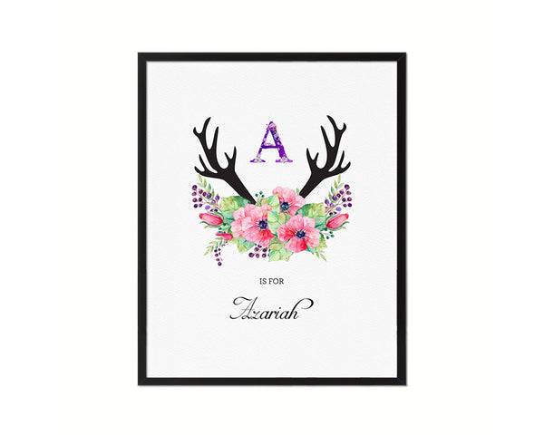 Initial Letter A Watercolor Floral Boho Monogram Art Framed Print Baby Girl Room Wall Decor Gifts