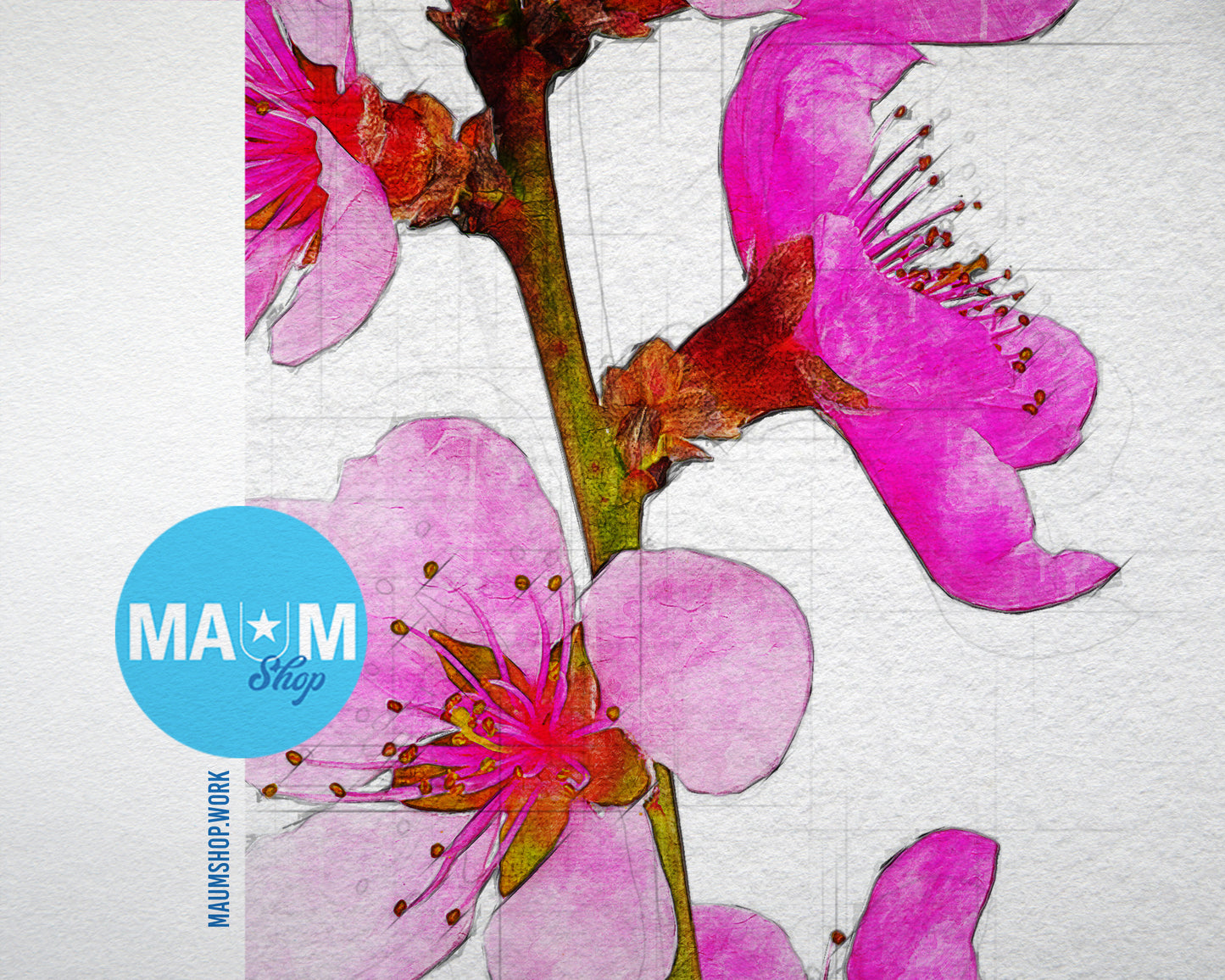 Cherry Blossoms Bloom Sketch Plants Art Wood Framed Print Wall Decor Gifts