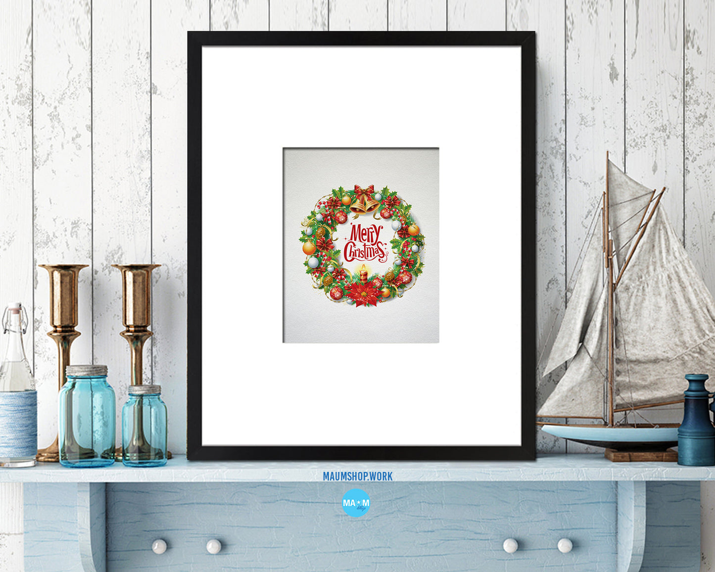 Christmas Wreath Holiday Season Gifts Wood Framed Print Home Decor Wall Art