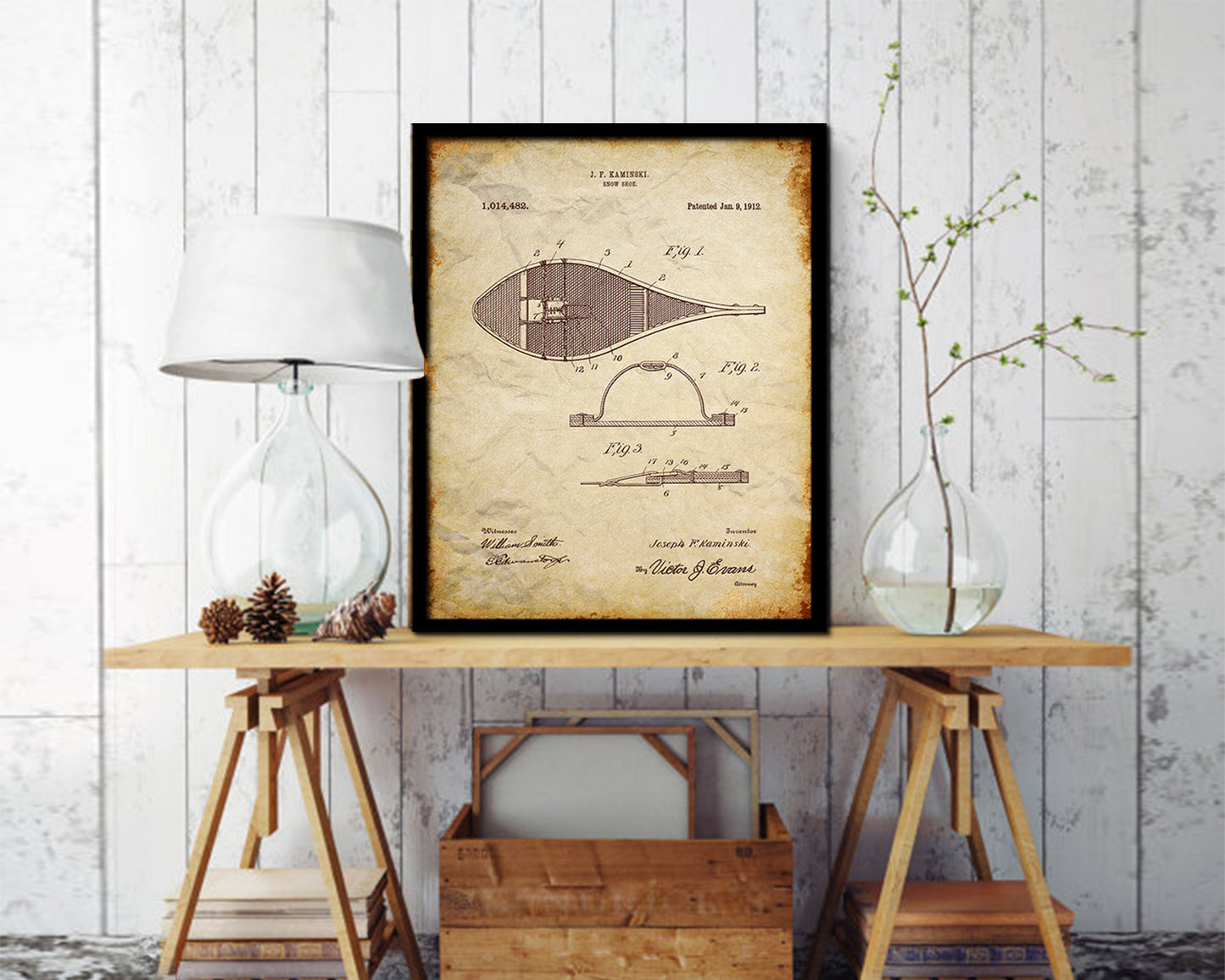 Snowshoe Sports Vintage Patent Artwork Walnut Frame Gifts
