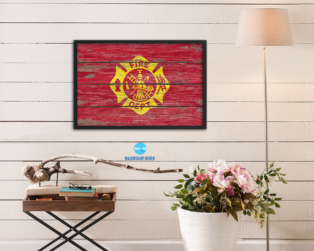 Fire Department Fire Fighter Wood Rustic Flag Wood Framed Print Wall Art Decor Gifts