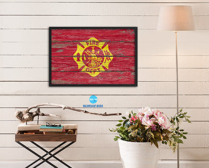 Fire Department Fire Fighter Wood Rustic Flag Wood Framed Print Wall Art Decor Gifts