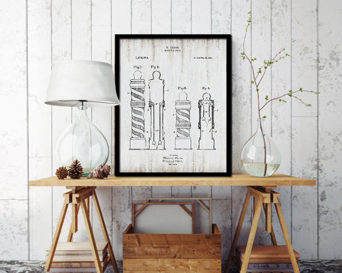 Barber Pole Barbershop Vintage Patent Artwork Black Frame Print Wall Art Decor Gifts