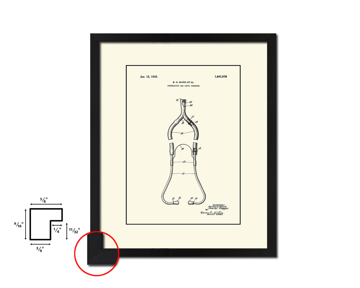 Tools Baird Stethoscope and Parts Doctor Vintage Patent Artwork Black Frame Print Gifts